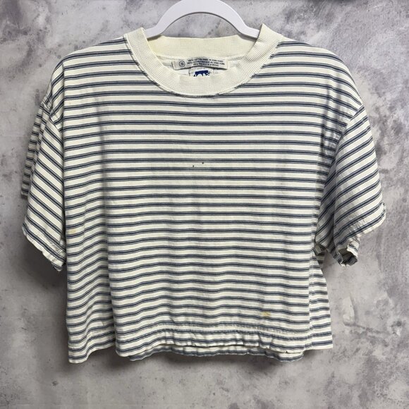 Vintage Code Bleu Crop Top T Shirt Womens Small 20x18 White/Blue Striped 90s - Picture 1 of 12
